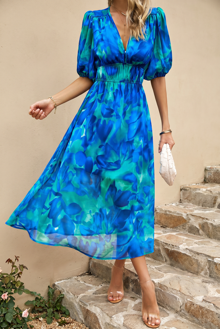 Midi Summer Dress | Elegant Puff-Sleeve Floral Dress-Fashion Nora