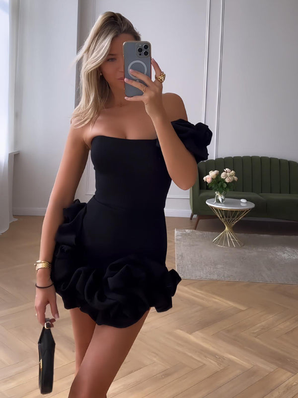 Mini Party Dress | Chic One-Shoulder Ruffle Dress-Fashion Nora