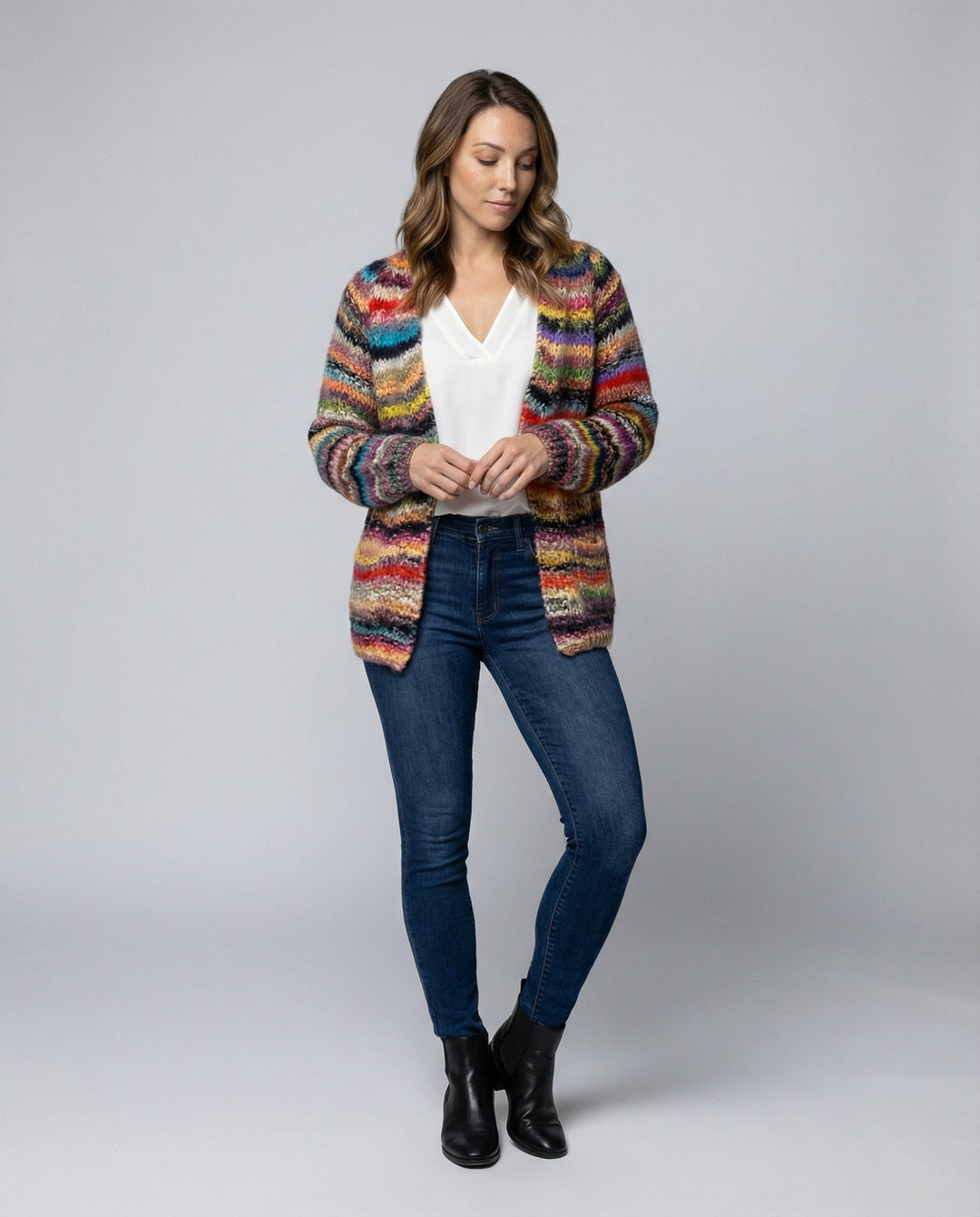 Multicolour Striped Knit Cardigan | Open Front | Chunky Knit-Fashion Nora