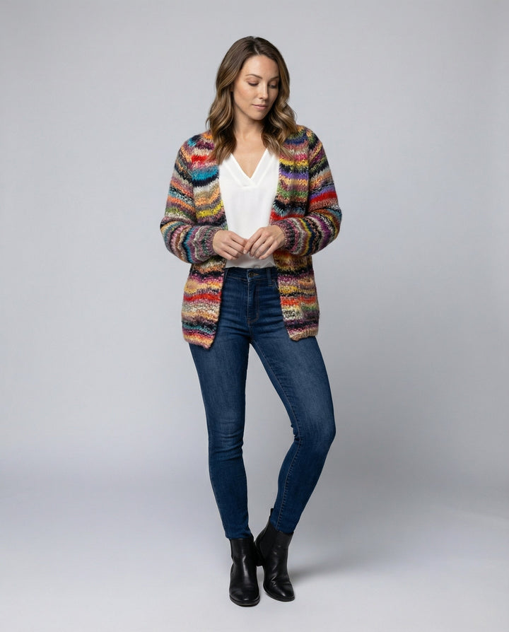 Multicolour Striped Knit Cardigan | Open Front | Chunky Knit-Fashion Nora