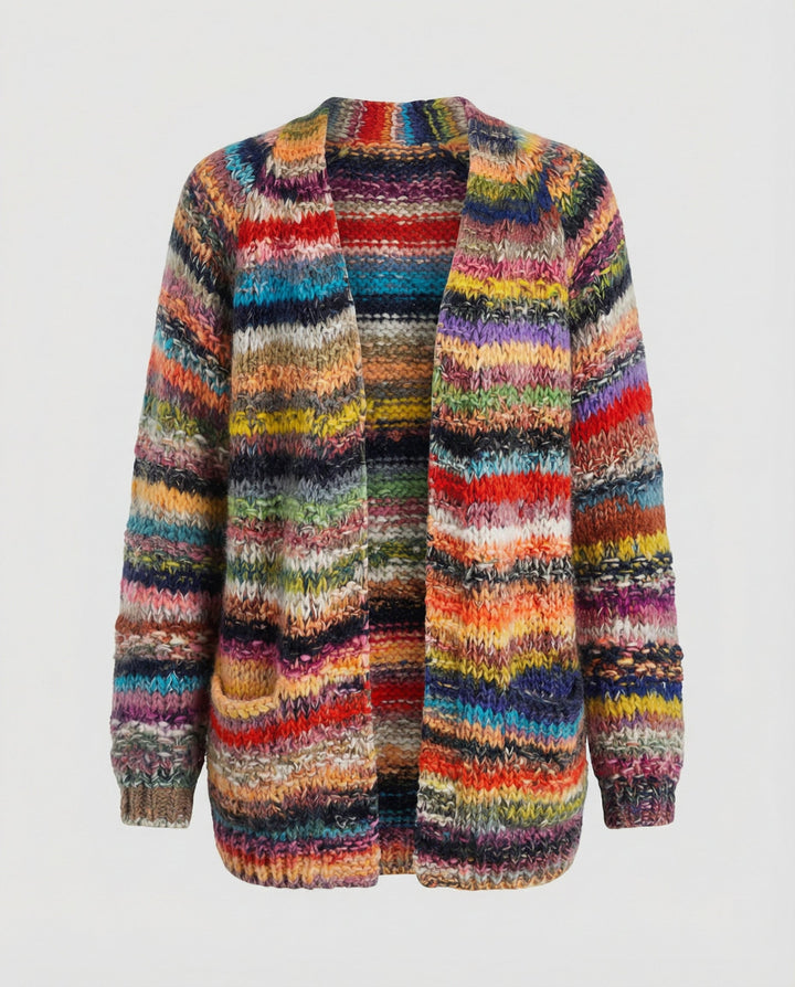 Multicolour Striped Knit Cardigan | Open Front | Chunky Knit-Fashion Nora