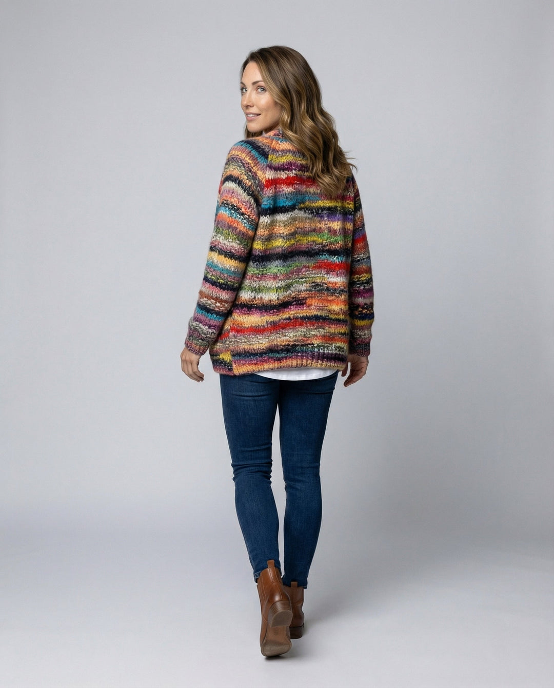 Multicolour Striped Knit Cardigan | Open Front | Chunky Knit-Fashion Nora