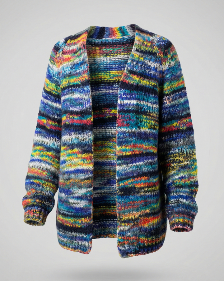 Multicolour Striped Knit Cardigan | Open Front | Chunky Knit-Fashion Nora