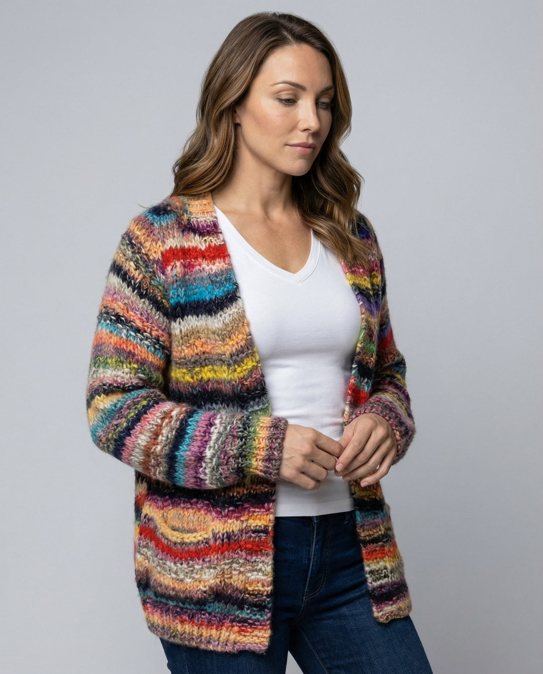 Multicolour Striped Knit Cardigan | Open Front | Chunky Knit-Fashion Nora