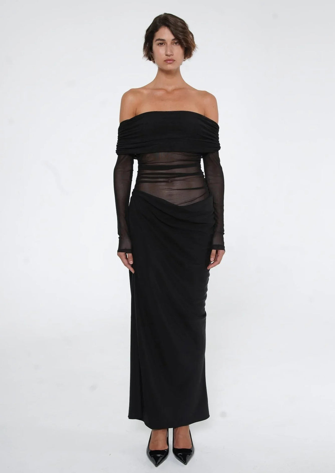 Off Shoulder Maxi Dress | Cut Out | Mesh Evening Gown-Fashion Nora