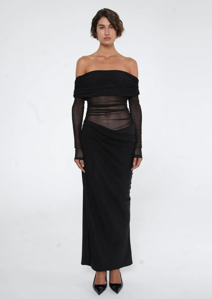 Off Shoulder Maxi Dress | Cut Out | Mesh Evening Gown-Fashion Nora