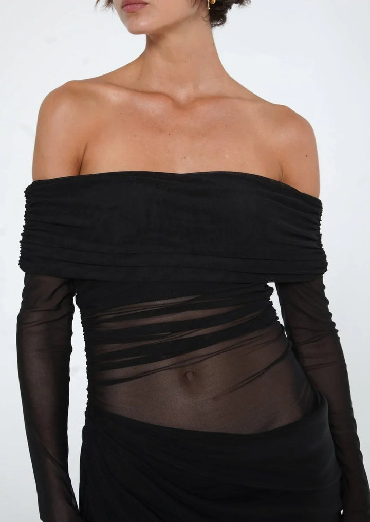 Off Shoulder Maxi Dress | Cut Out | Mesh Evening Gown-Fashion Nora