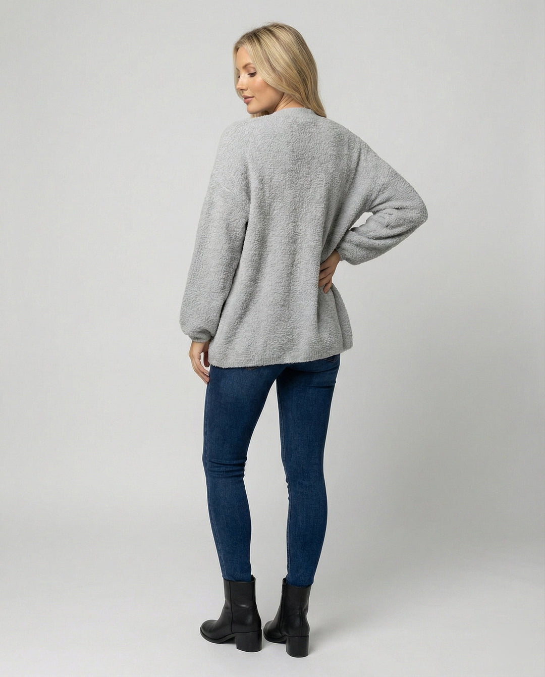 Open Front Textured Cardigan | Coat Length | Balloon Sleeves-Fashion Nora