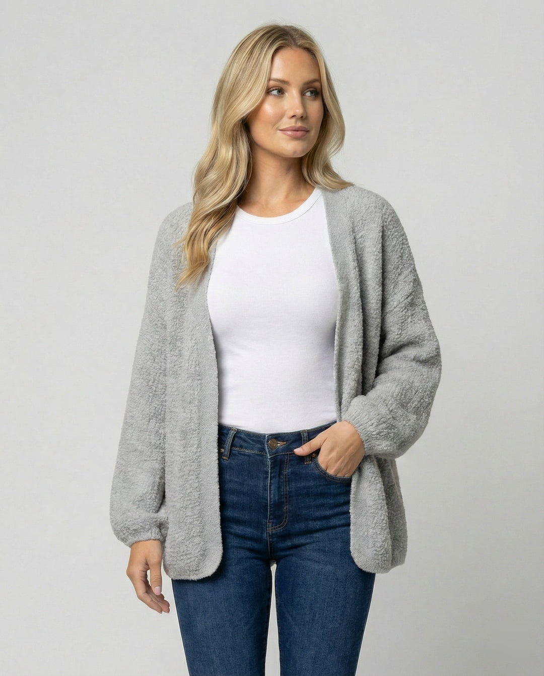 Open Front Textured Cardigan | Coat Length | Balloon Sleeves-Fashion Nora