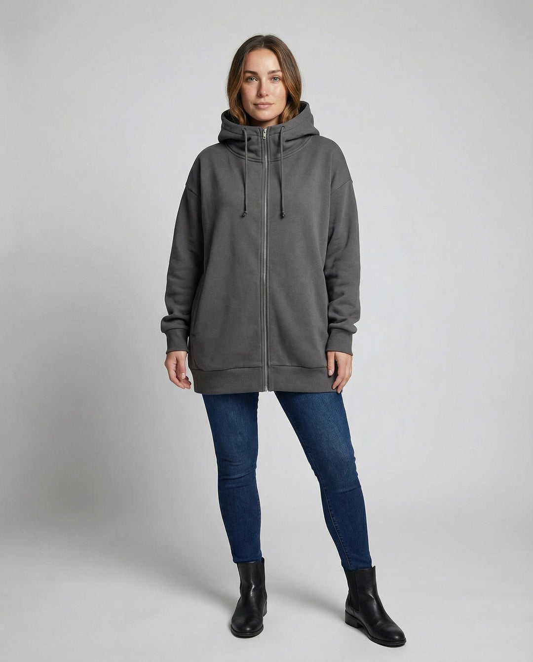 Oversized Zip-Up Hoodie | Longline Cut | Drawstring Hood-Fashion Nora
