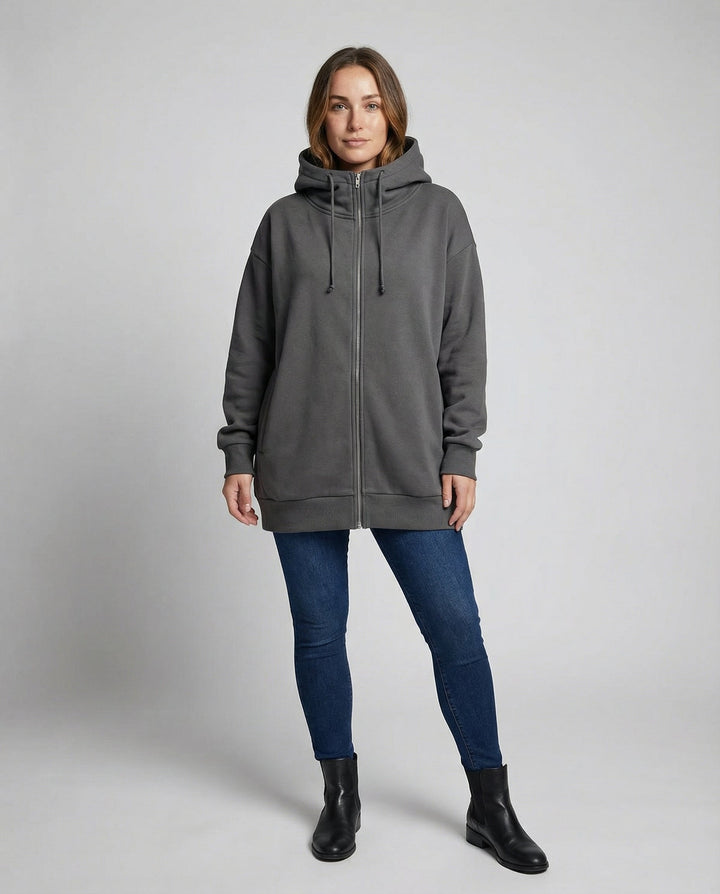 Oversized Zip-Up Hoodie | Longline Cut | Drawstring Hood-Fashion Nora
