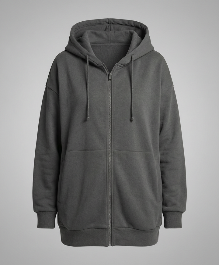 Oversized Zip-Up Hoodie | Longline Cut | Drawstring Hood-Fashion Nora