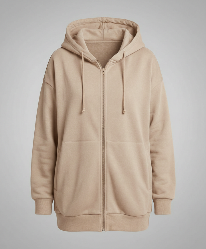Oversized Zip-Up Hoodie | Longline Cut | Drawstring Hood-Fashion Nora