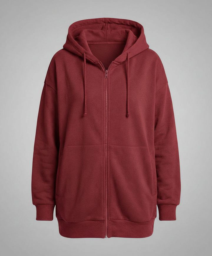 Oversized Zip-Up Hoodie | Longline Cut | Drawstring Hood-Fashion Nora