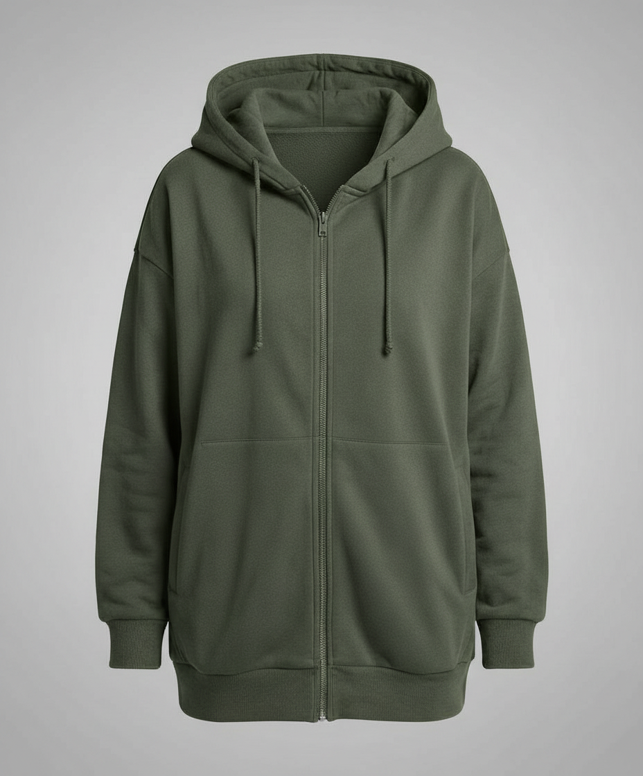 Oversized Zip-Up Hoodie | Longline Cut | Drawstring Hood-Fashion Nora