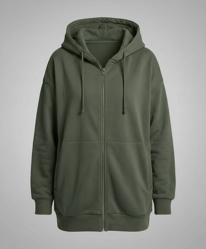 Oversized Zip-Up Hoodie | Longline Cut | Drawstring Hood-Fashion Nora