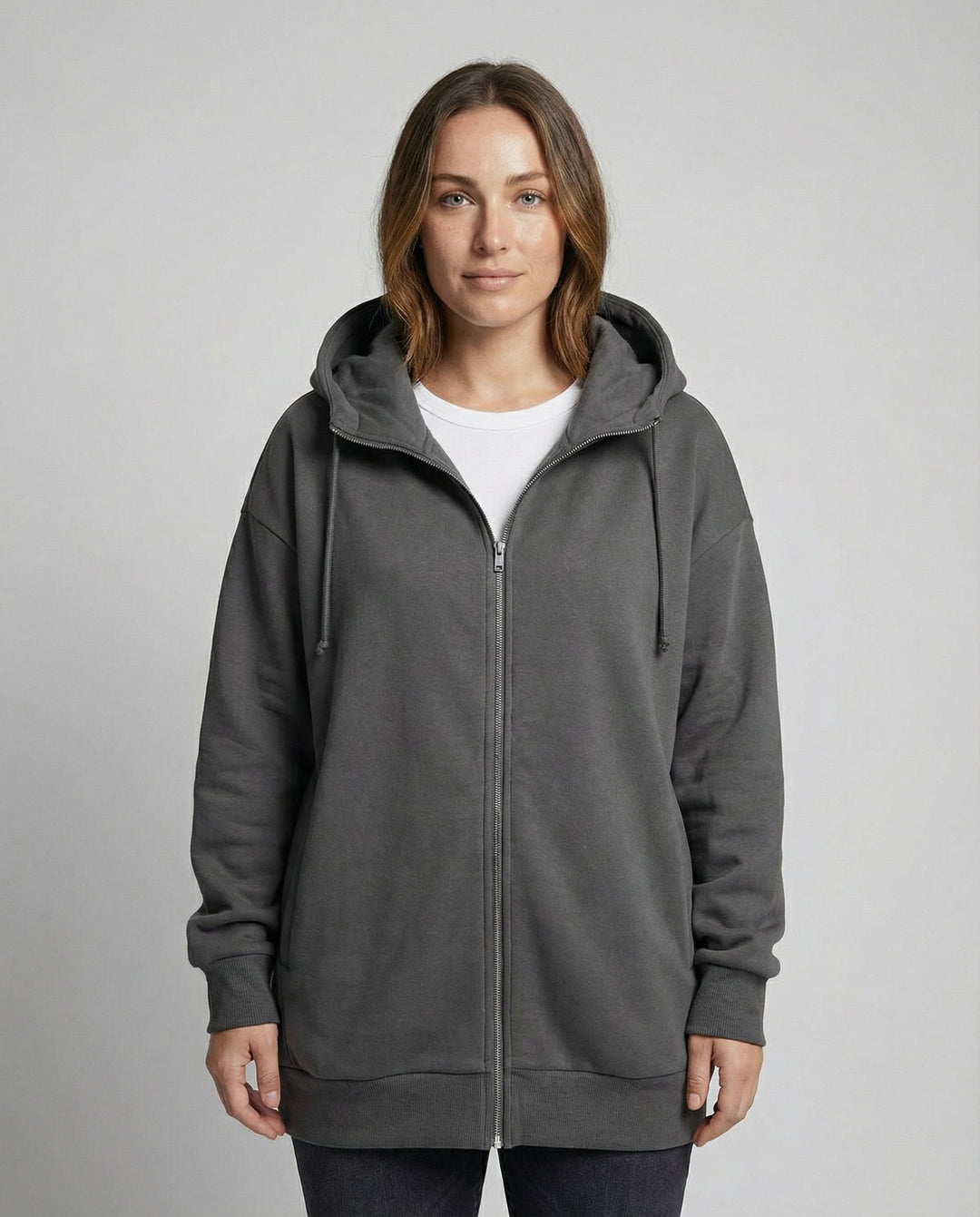 Oversized Zip-Up Hoodie | Longline Cut | Drawstring Hood-Fashion Nora