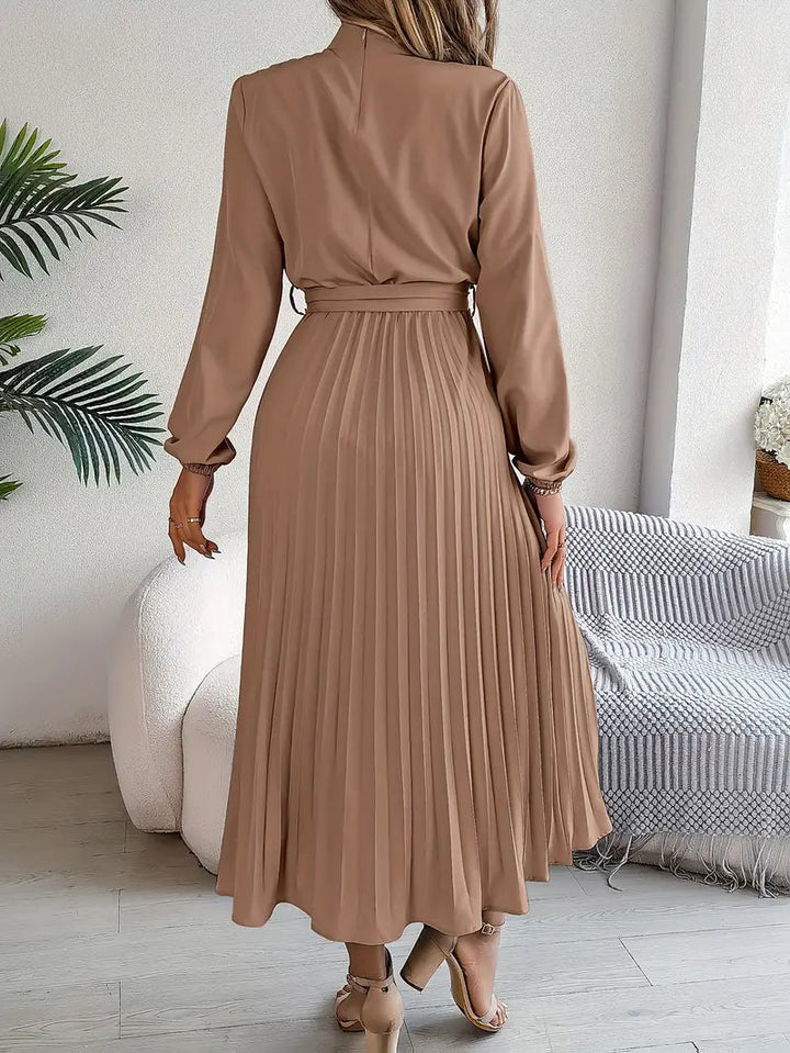 Pleated Dress | Elegant Long Sleeve A-Line Midi Dress-Fashion Nora