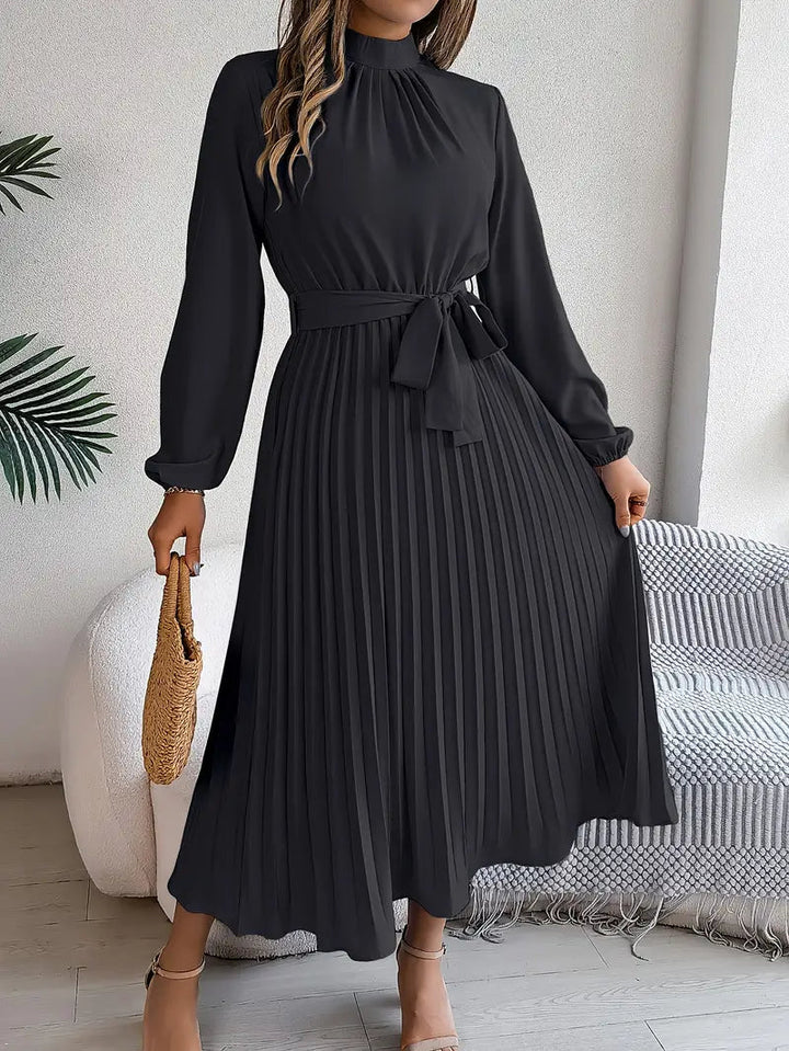 Pleated Dress | Elegant Long Sleeve A-Line Midi Dress-Fashion Nora