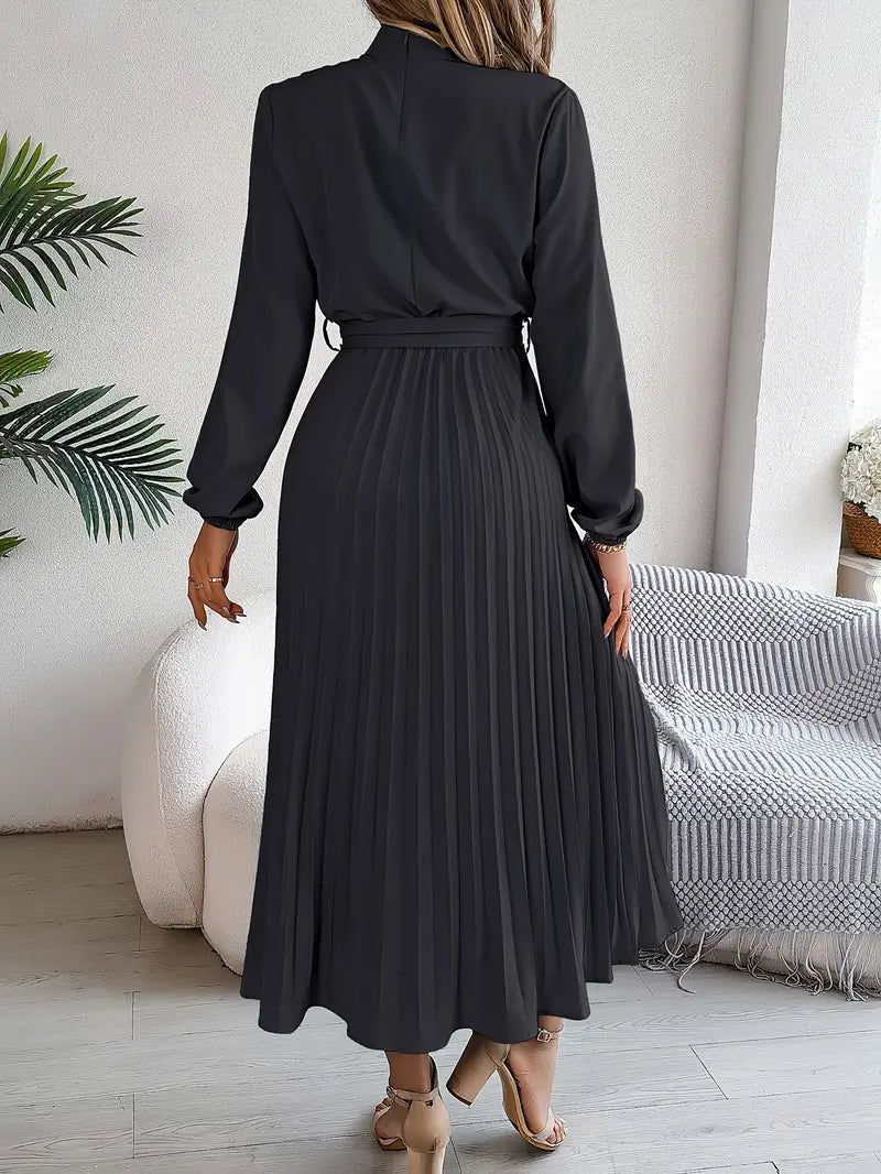 Pleated Dress | Elegant Long Sleeve A-Line Midi Dress-Fashion Nora