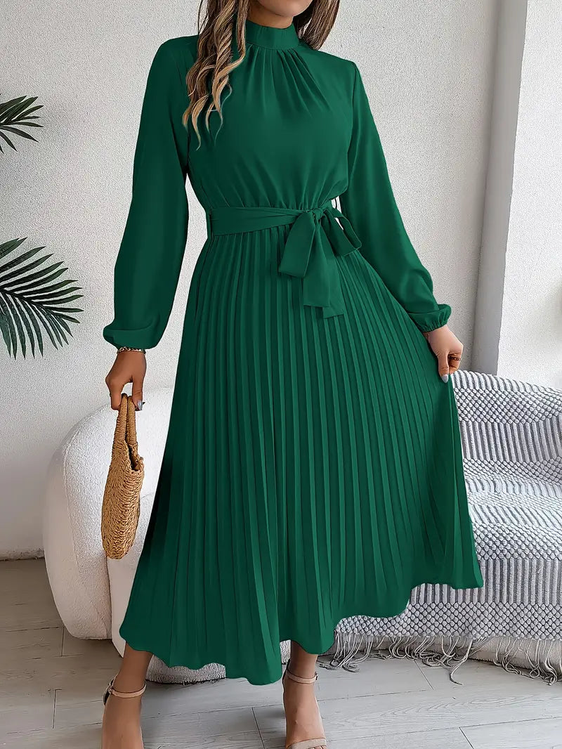 Pleated Dress | Elegant Long Sleeve A-Line Midi Dress-Fashion Nora