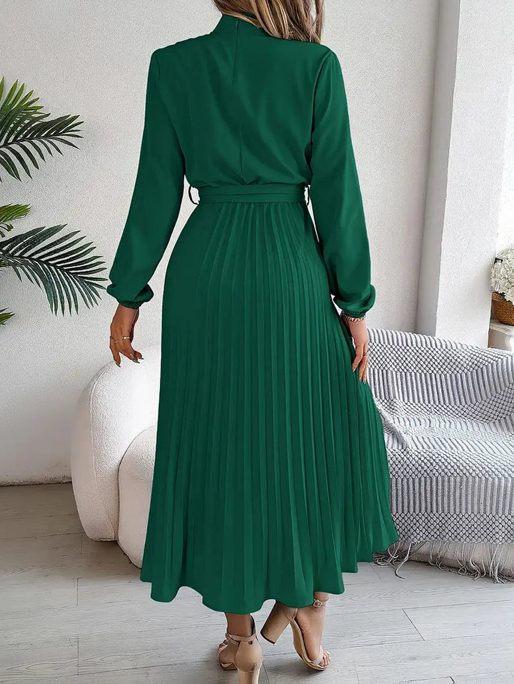 Pleated Dress | Elegant Long Sleeve A-Line Midi Dress-Fashion Nora