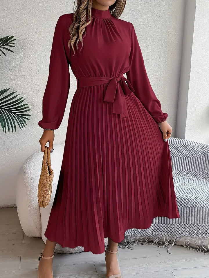Pleated Dress | Elegant Long Sleeve A-Line Midi Dress-Fashion Nora