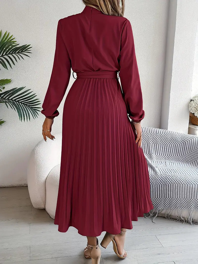 Pleated Dress | Elegant Long Sleeve A-Line Midi Dress-Fashion Nora
