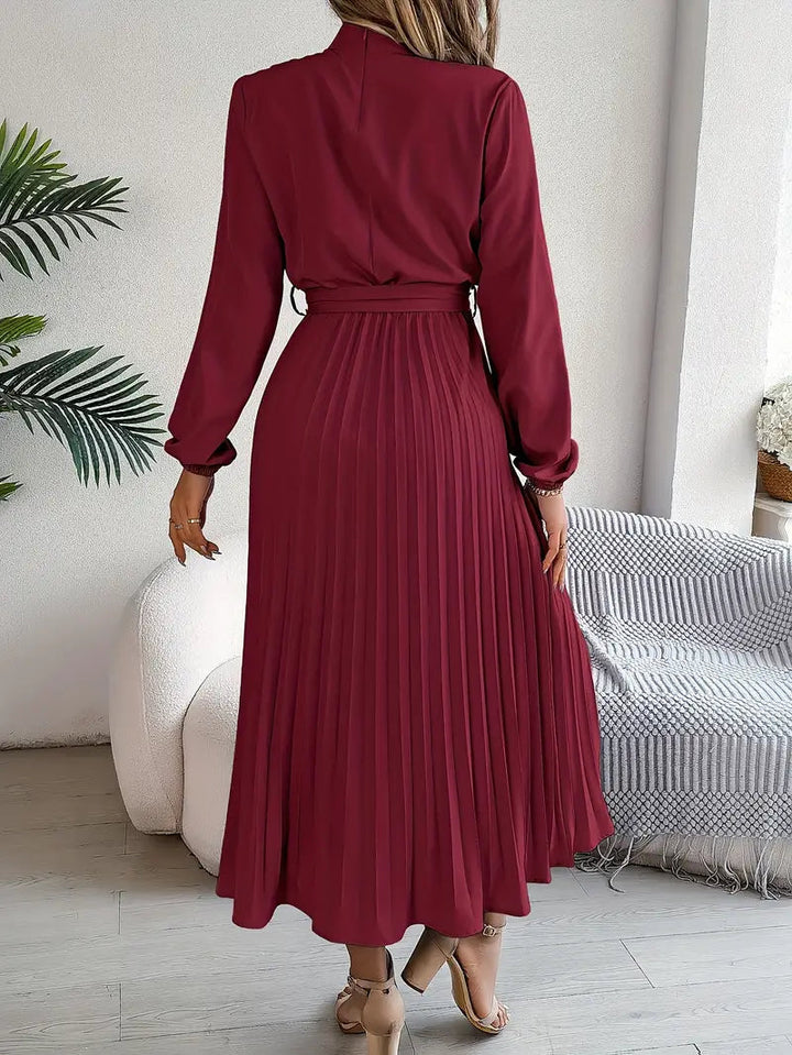 Pleated Dress | Elegant Long Sleeve A-Line Midi Dress-Fashion Nora