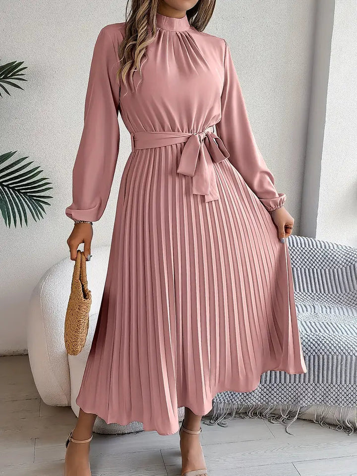 Pleated Dress | Elegant Long Sleeve A-Line Midi Dress-Fashion Nora