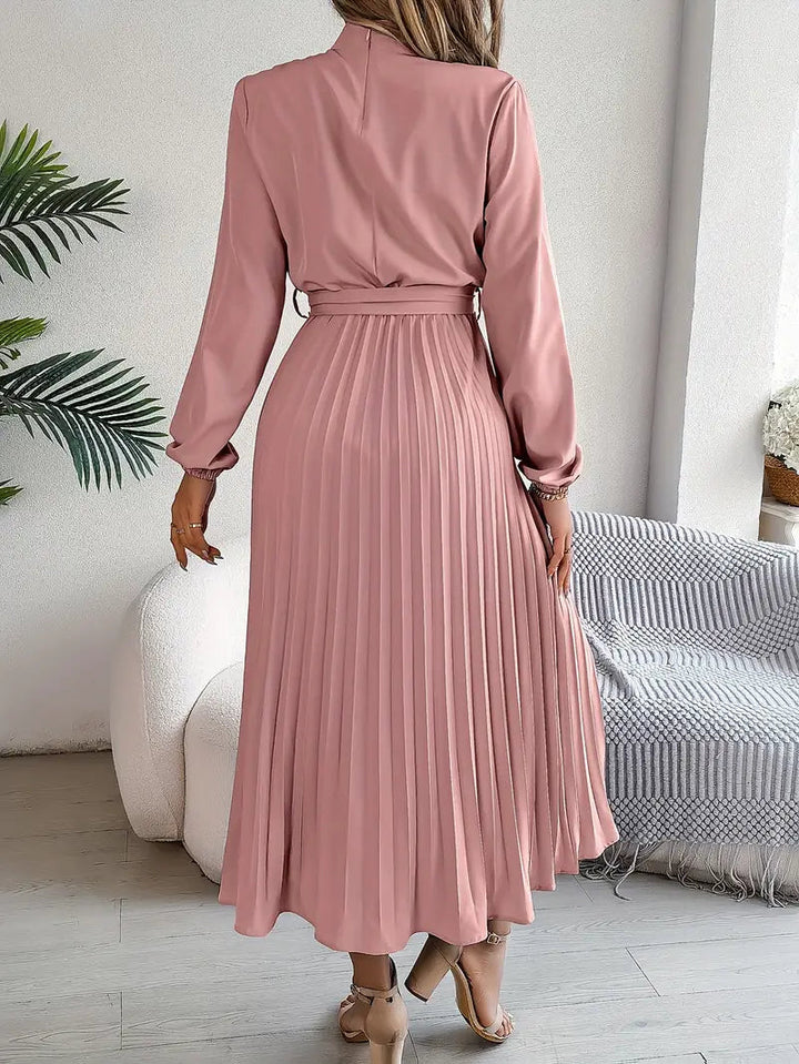 Pleated Dress | Elegant Long Sleeve A-Line Midi Dress-Fashion Nora