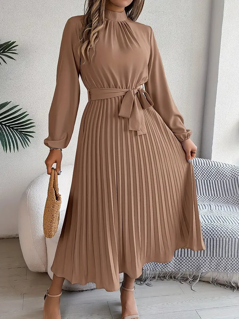 Pleated Dress | Elegant Long Sleeve A-Line Midi Dress-Fashion Nora