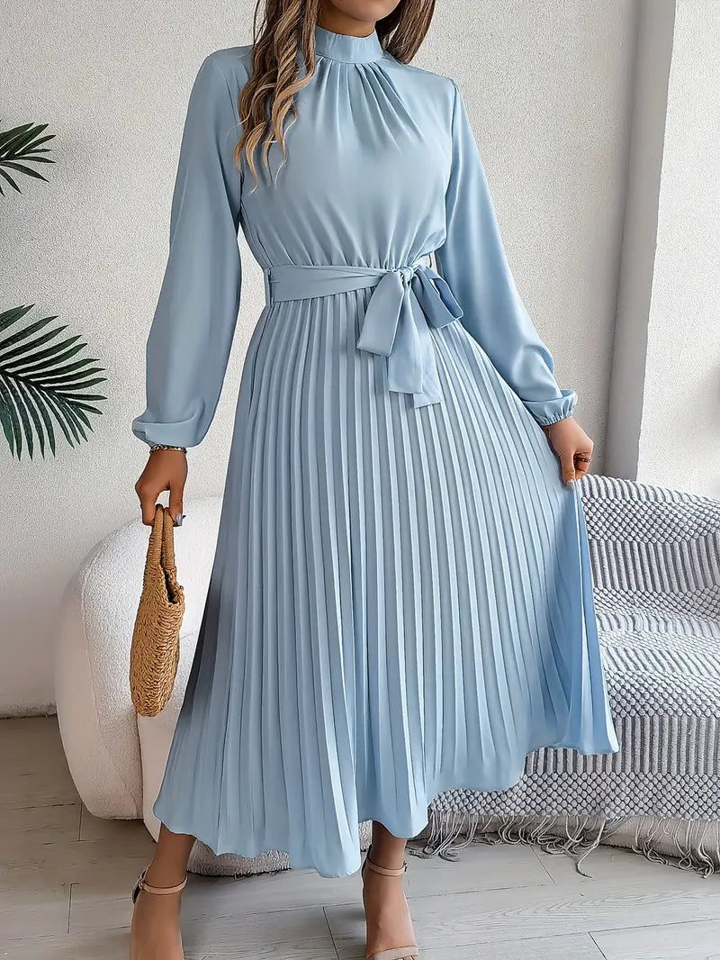 Pleated Dress | Elegant Long Sleeve A-Line Midi Dress-Fashion Nora