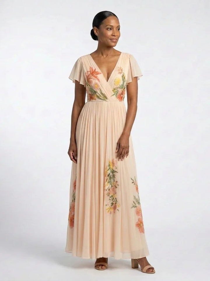 Pleated Floral Maxi Dress | Short Sleeve | V Neck-Fashion Nora