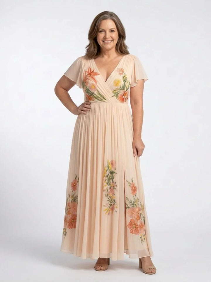 Pleated Floral Maxi Dress | Short Sleeve | V Neck-Fashion Nora