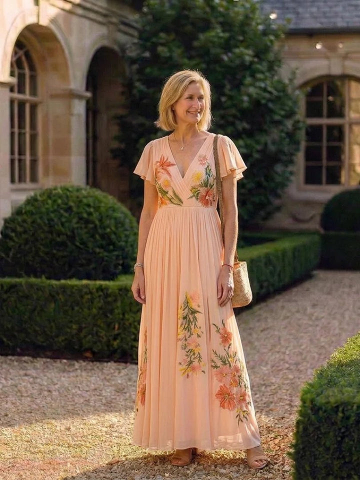 Pleated Floral Maxi Dress | Short Sleeve | V Neck-Fashion Nora