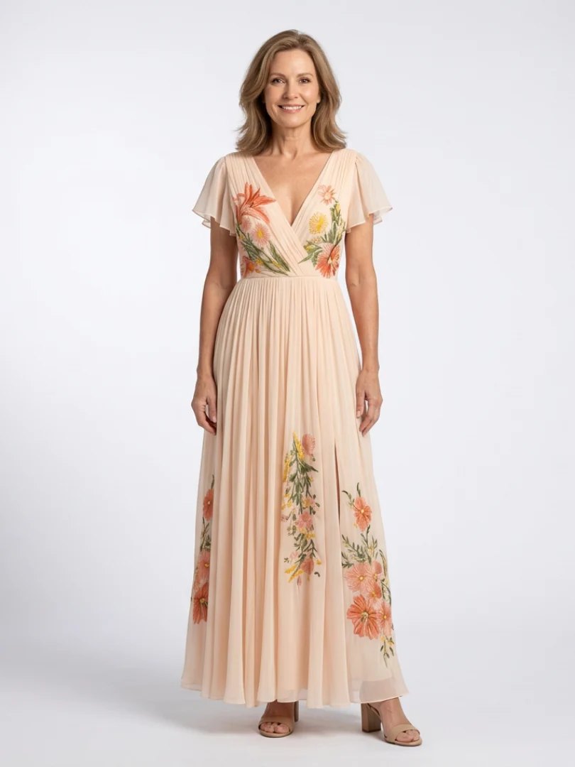 Pleated Floral Maxi Dress | Short Sleeve | V Neck-Fashion Nora