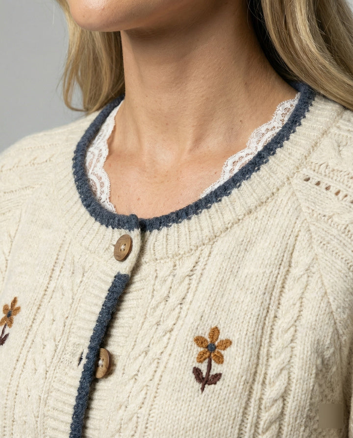 Puff Sleeve Knit Cardigan | Embroidered Wood Button Front-Fashion Nora