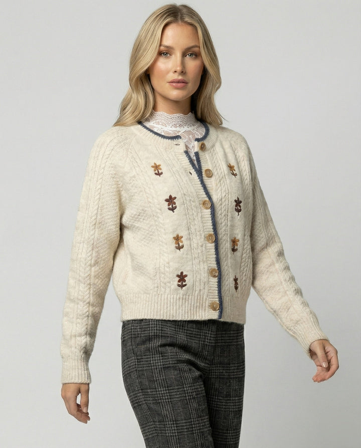 Puff Sleeve Knit Cardigan | Embroidered Wood Button Front-Fashion Nora