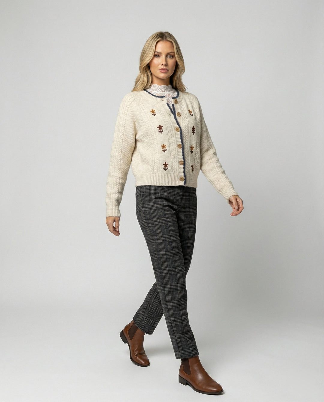 Puff Sleeve Knit Cardigan | Embroidered Wood Button Front-Fashion Nora
