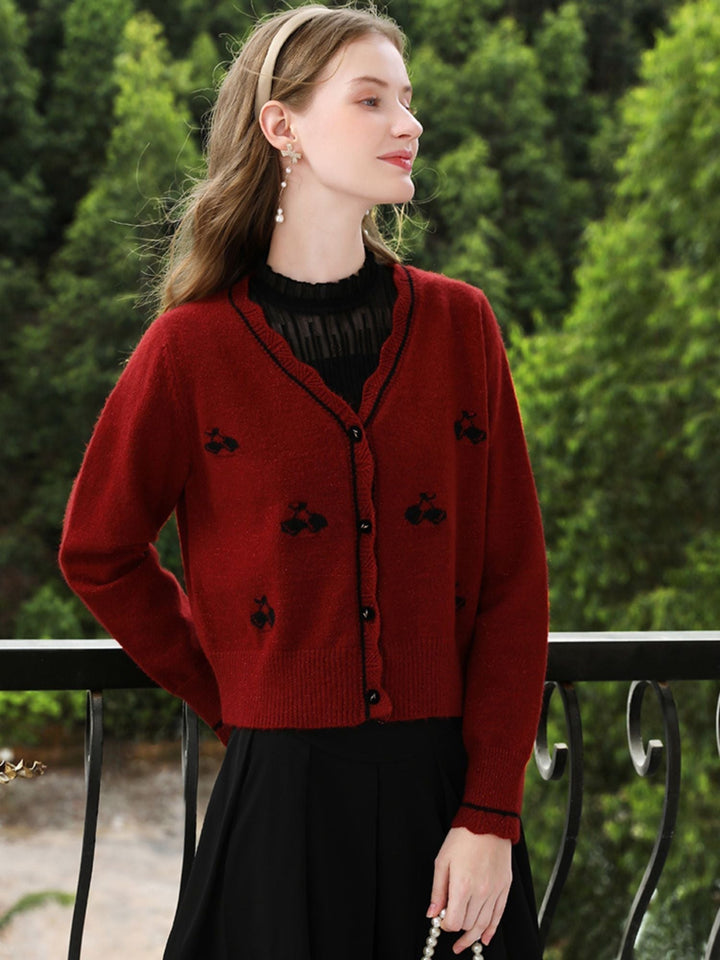 Red Knit Cardigan | Embroidered Detail | Scalloped Hem | V-Neck-Fashion Nora
