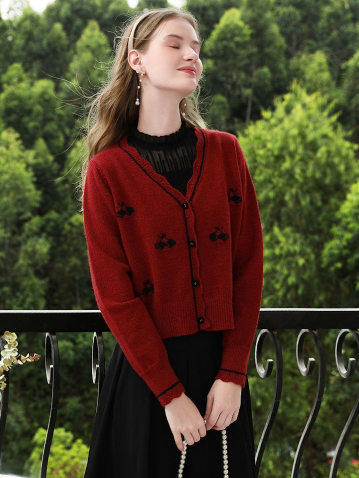 Red Knit Cardigan | Embroidered Detail | Scalloped Hem | V-Neck-Fashion Nora