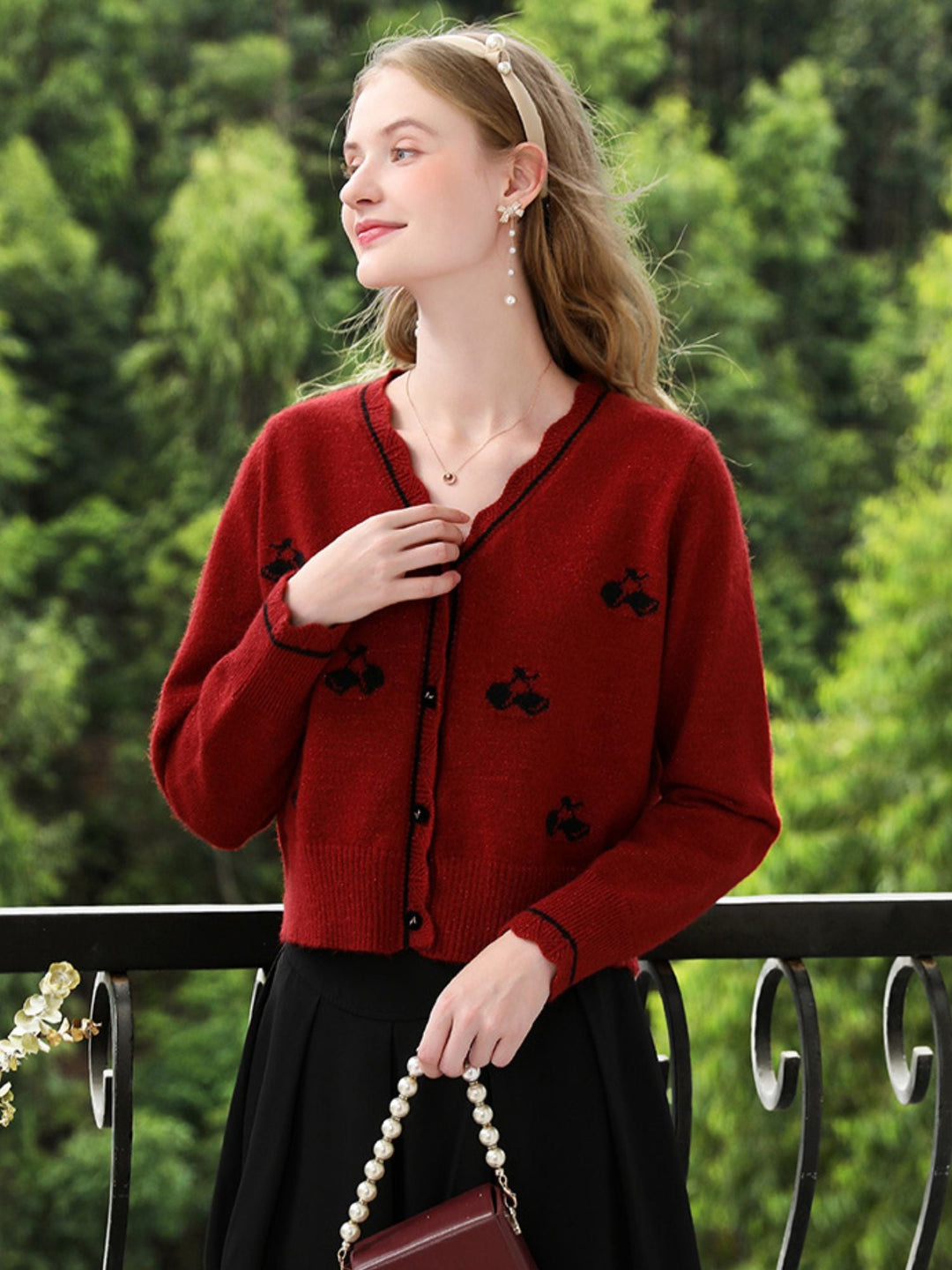 Red Knit Cardigan | Embroidered Detail | Scalloped Hem | V-Neck-Fashion Nora