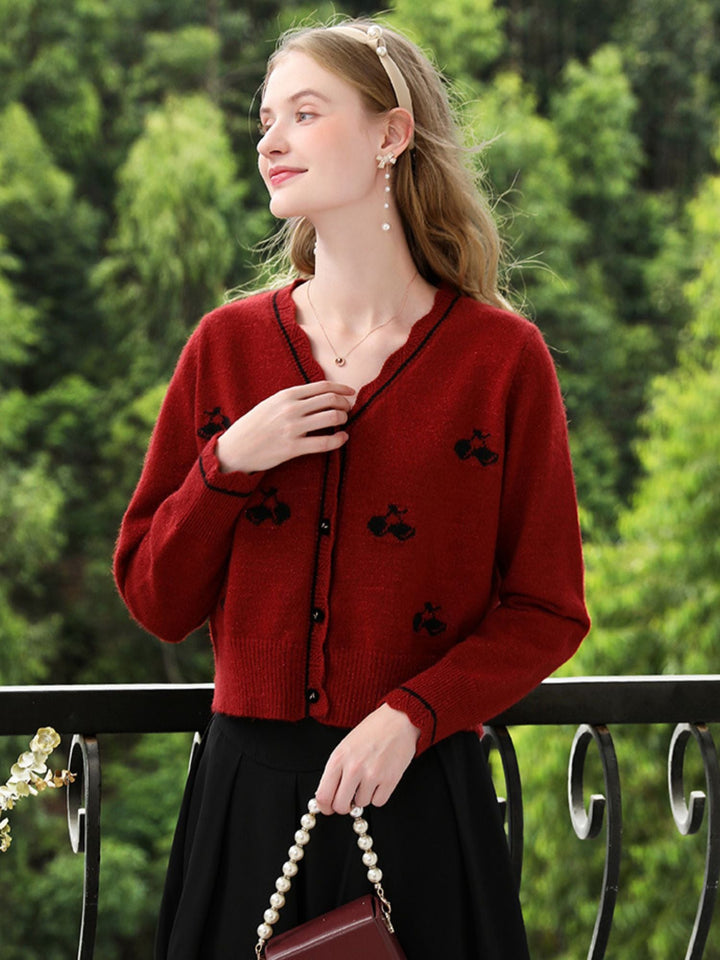 Red Knit Cardigan | Embroidered Detail | Scalloped Hem | V-Neck-Fashion Nora
