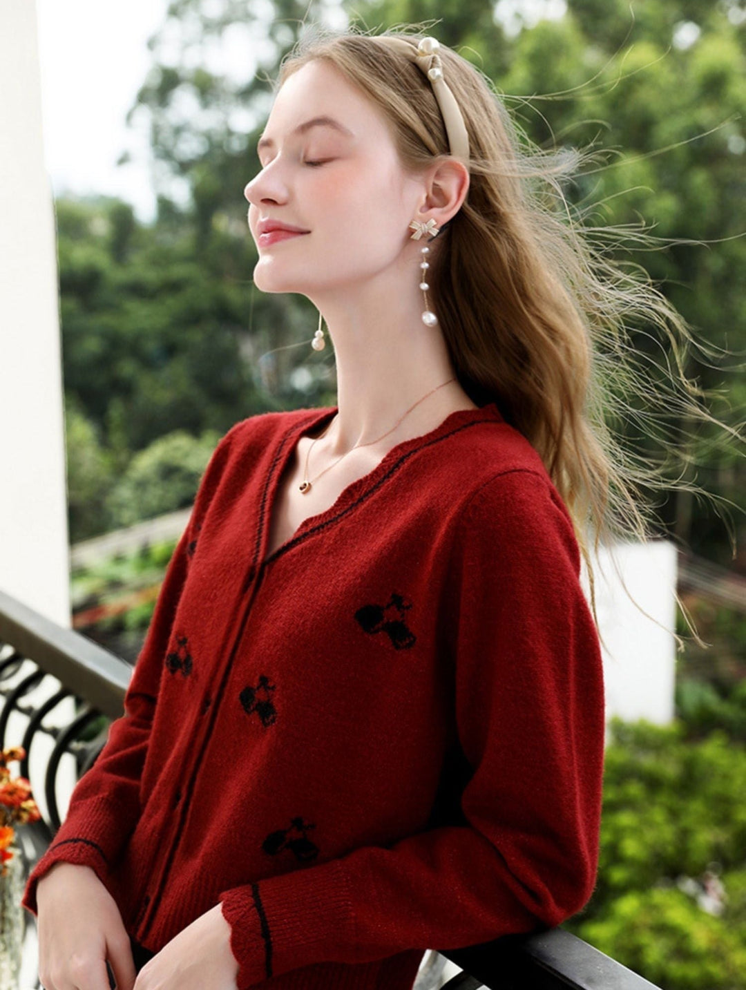 Red Knit Cardigan | Embroidered Detail | Scalloped Hem | V-Neck-Fashion Nora