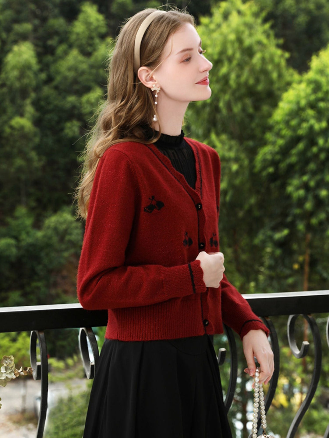 Red Knit Cardigan | Embroidered Detail | Scalloped Hem | V-Neck-Fashion Nora