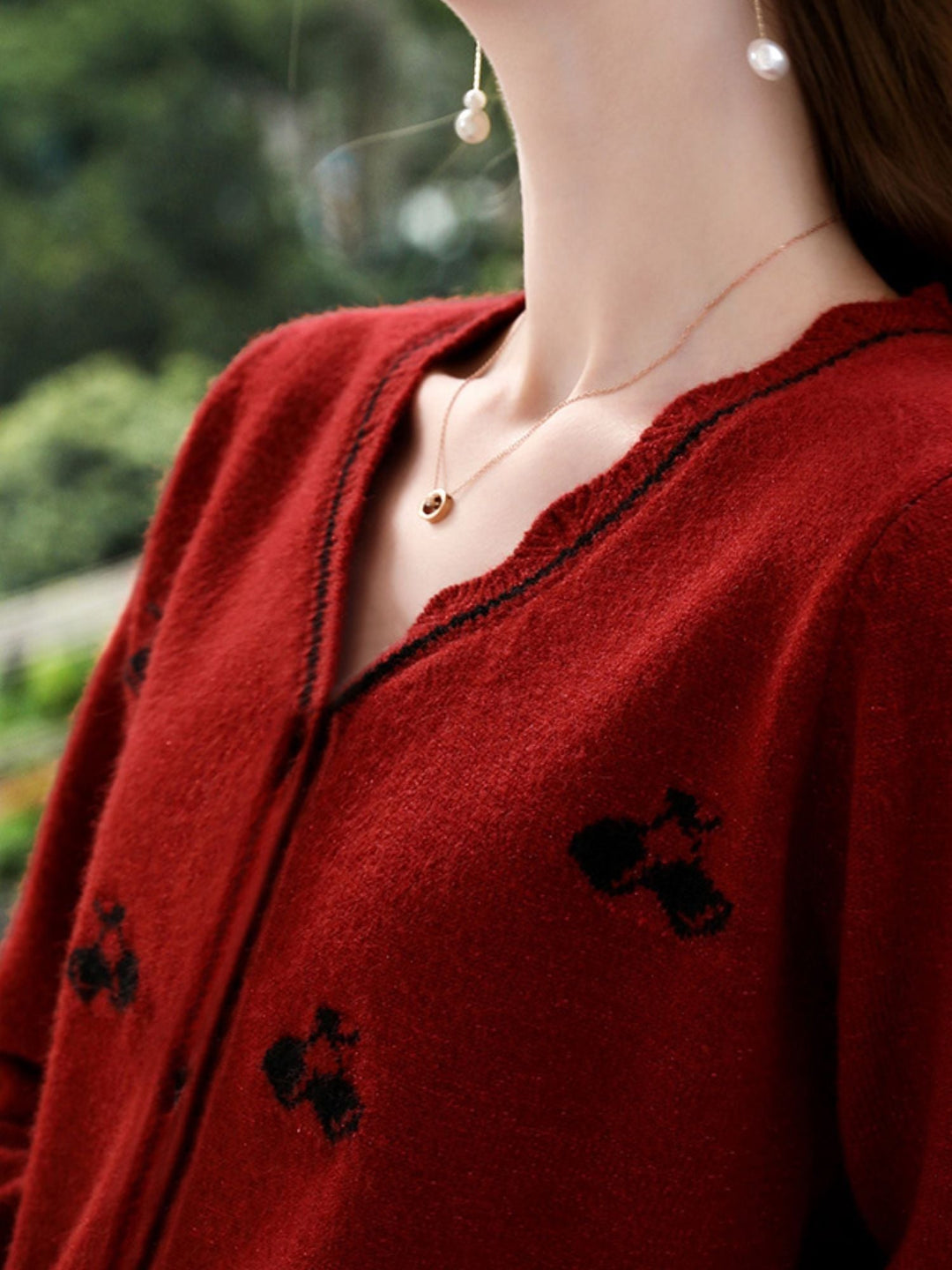 Red Knit Cardigan | Embroidered Detail | Scalloped Hem | V-Neck-Fashion Nora
