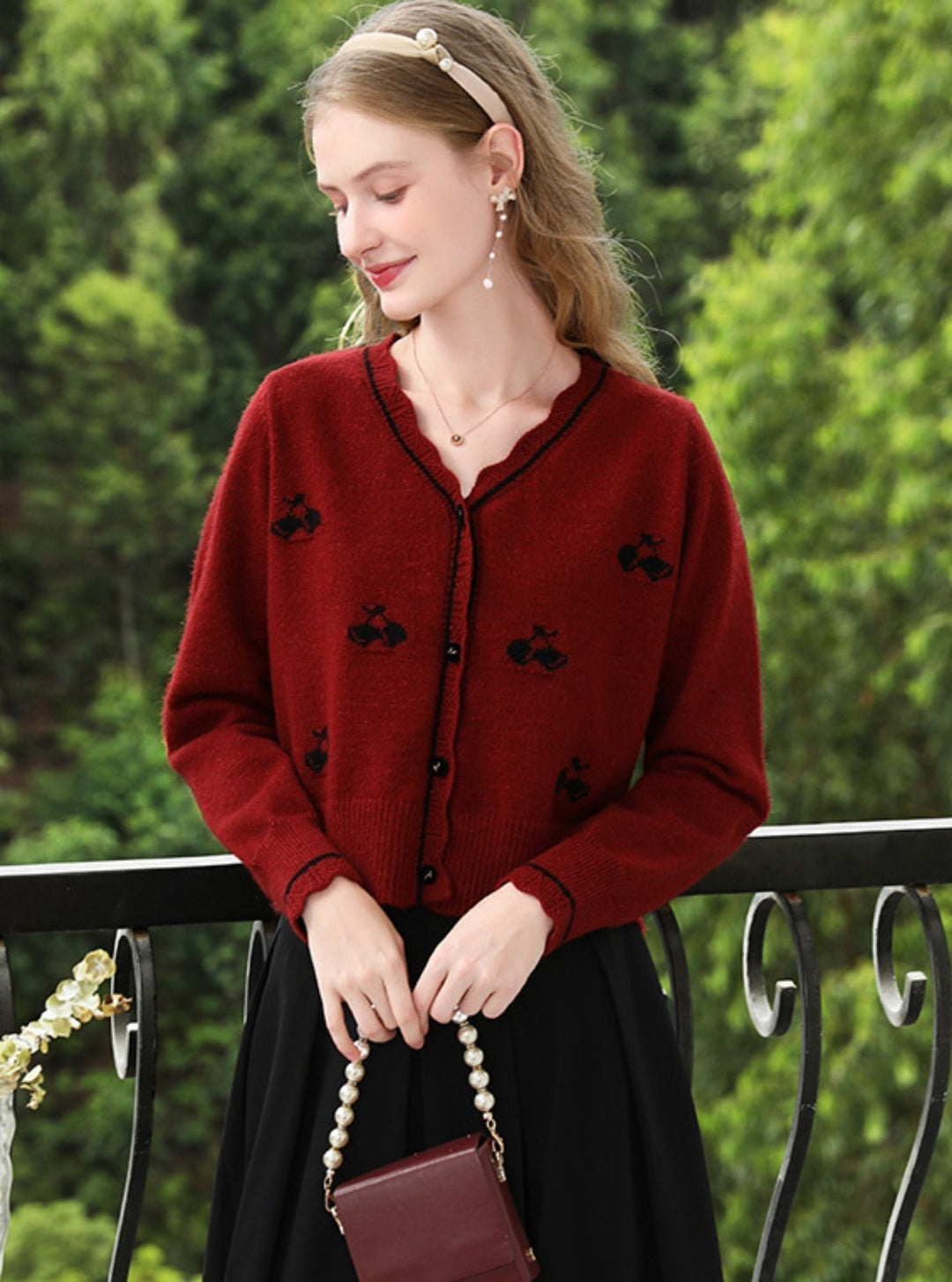 Red Knit Cardigan | Embroidered Detail | Scalloped Hem | V-Neck-Fashion Nora