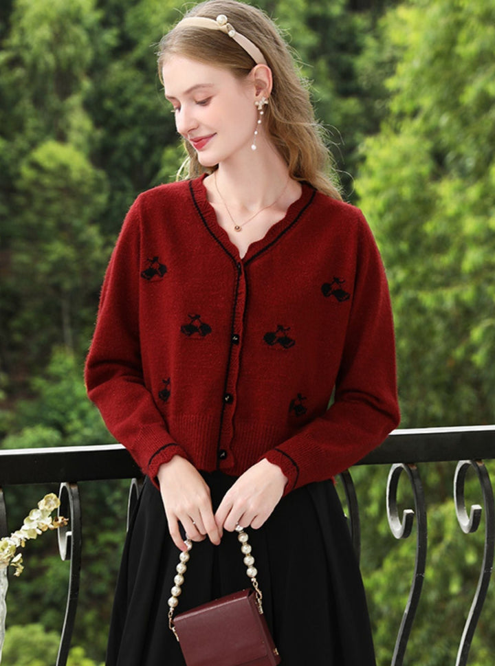 Red Knit Cardigan | Embroidered Detail | Scalloped Hem | V-Neck-Fashion Nora