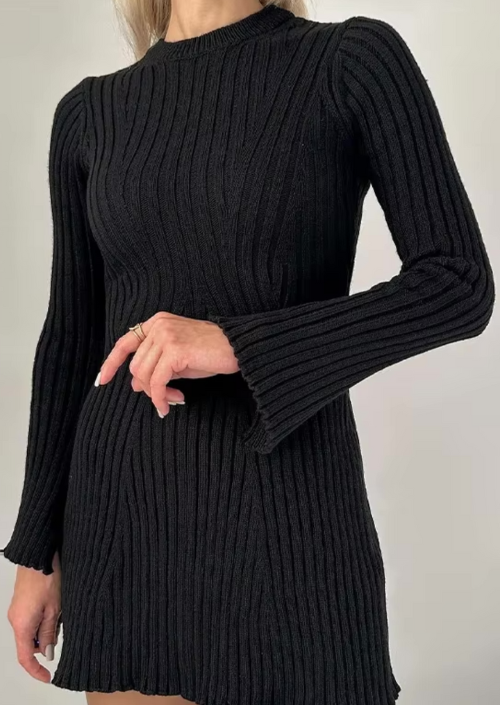 Ribbed Knit Mini Dress | Long Sleeve Bodycon Sweater Dress-Fashion Nora